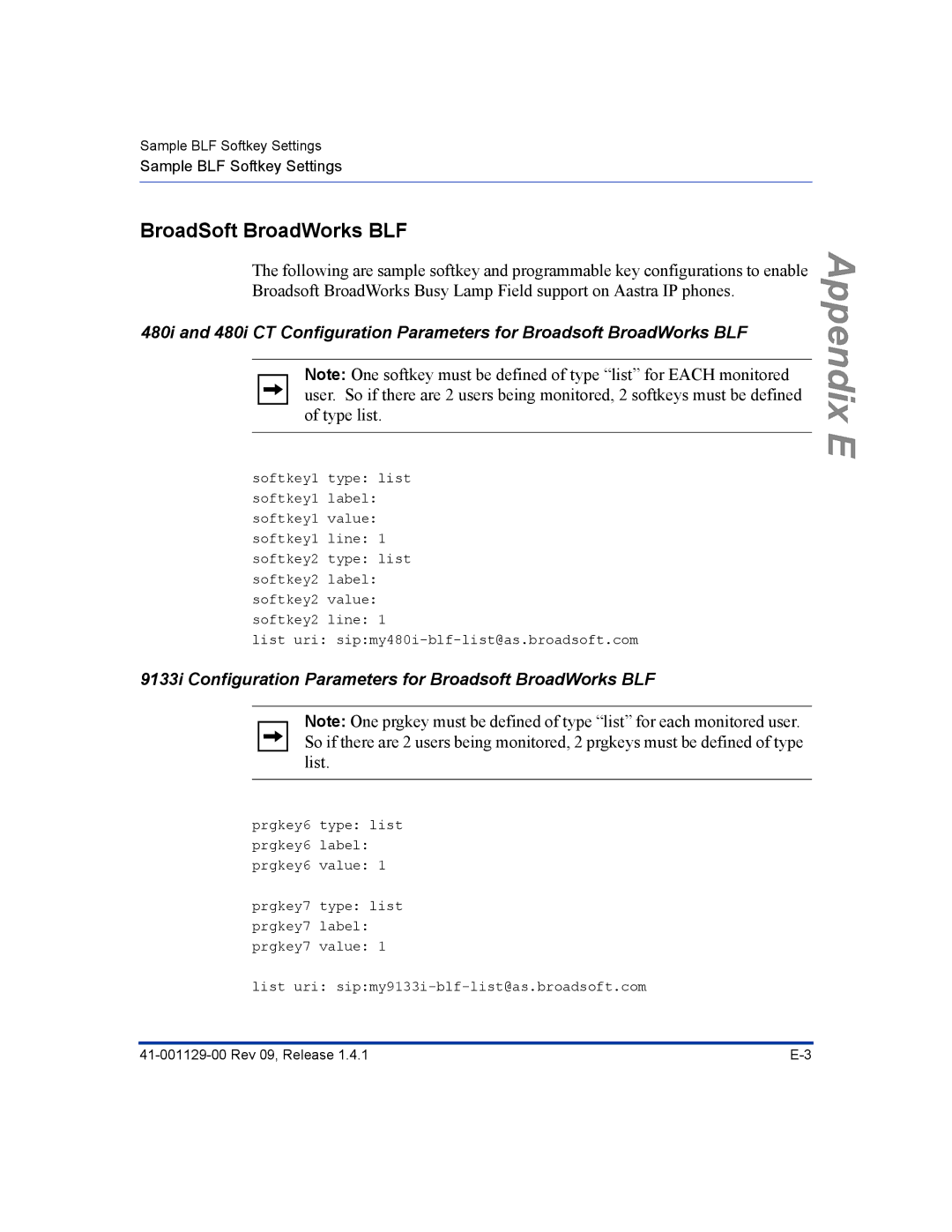 Aastra Telecom 480I CT manual BroadSoft BroadWorks BLF, 9133i Configuration Parameters for Broadsoft BroadWorks BLF 