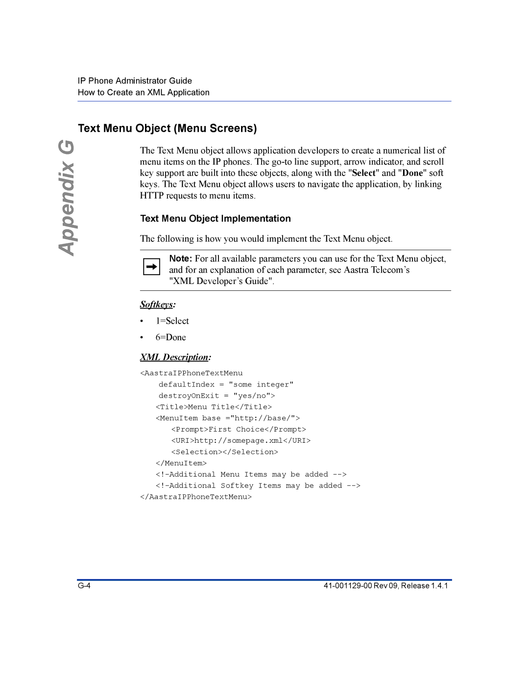 Aastra Telecom 480I CT manual Text Menu Object Menu Screens, Text Menu Object Implementation 