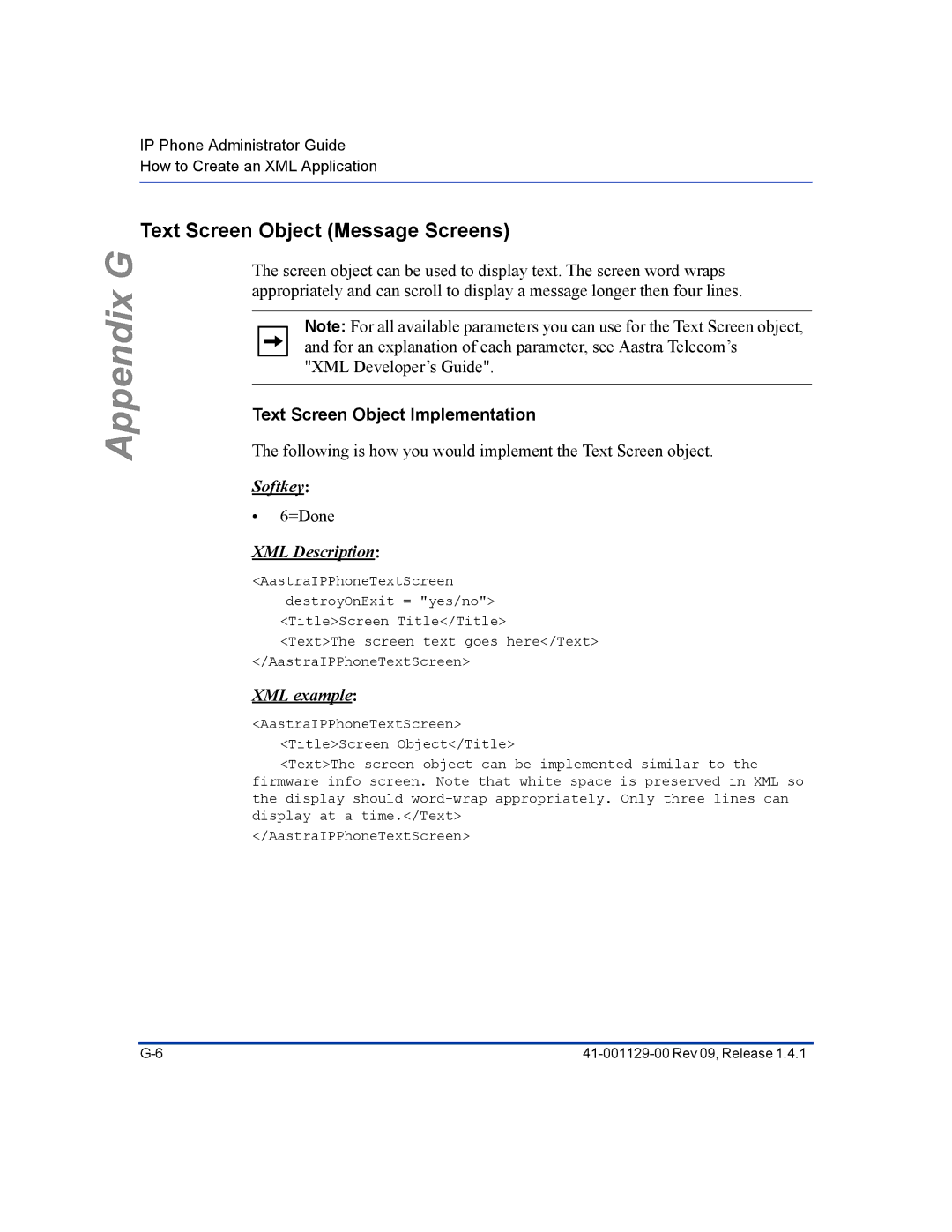 Aastra Telecom 480I CT manual Text Screen Object Message Screens, Text Screen Object Implementation 