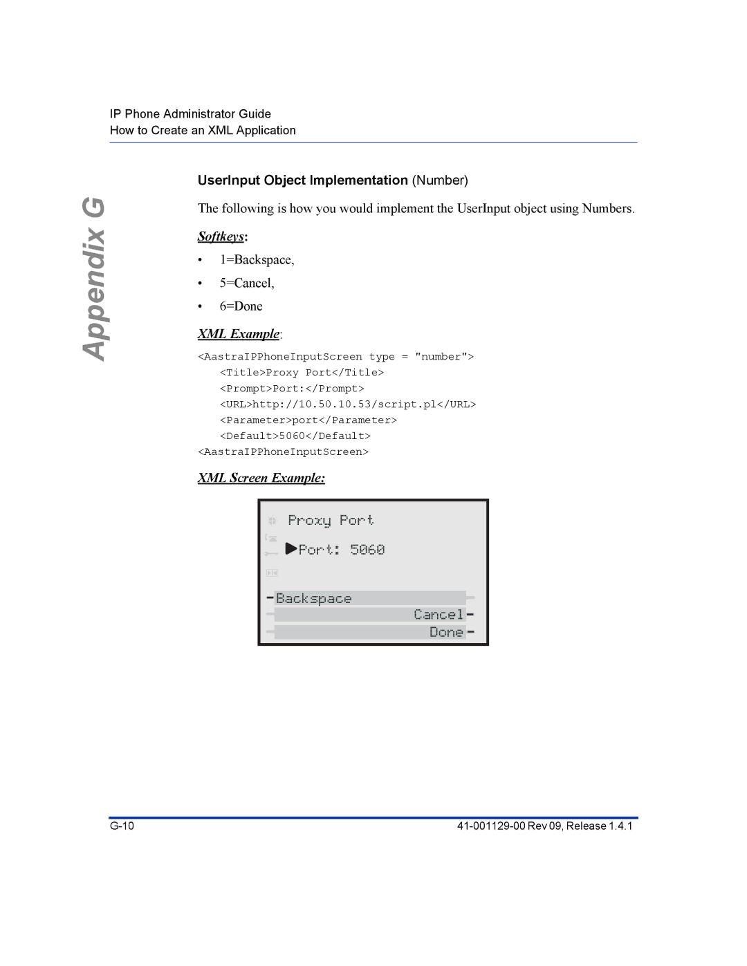 Aastra Telecom 480I CT manual Proxy Port Backspace Cancel Done, UserInput Object Implementation Number 