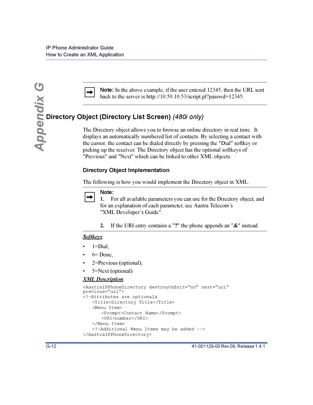 Aastra Telecom 480I CT manual Directory Object Directory List Screen 480i only, Directory Object Implementation 