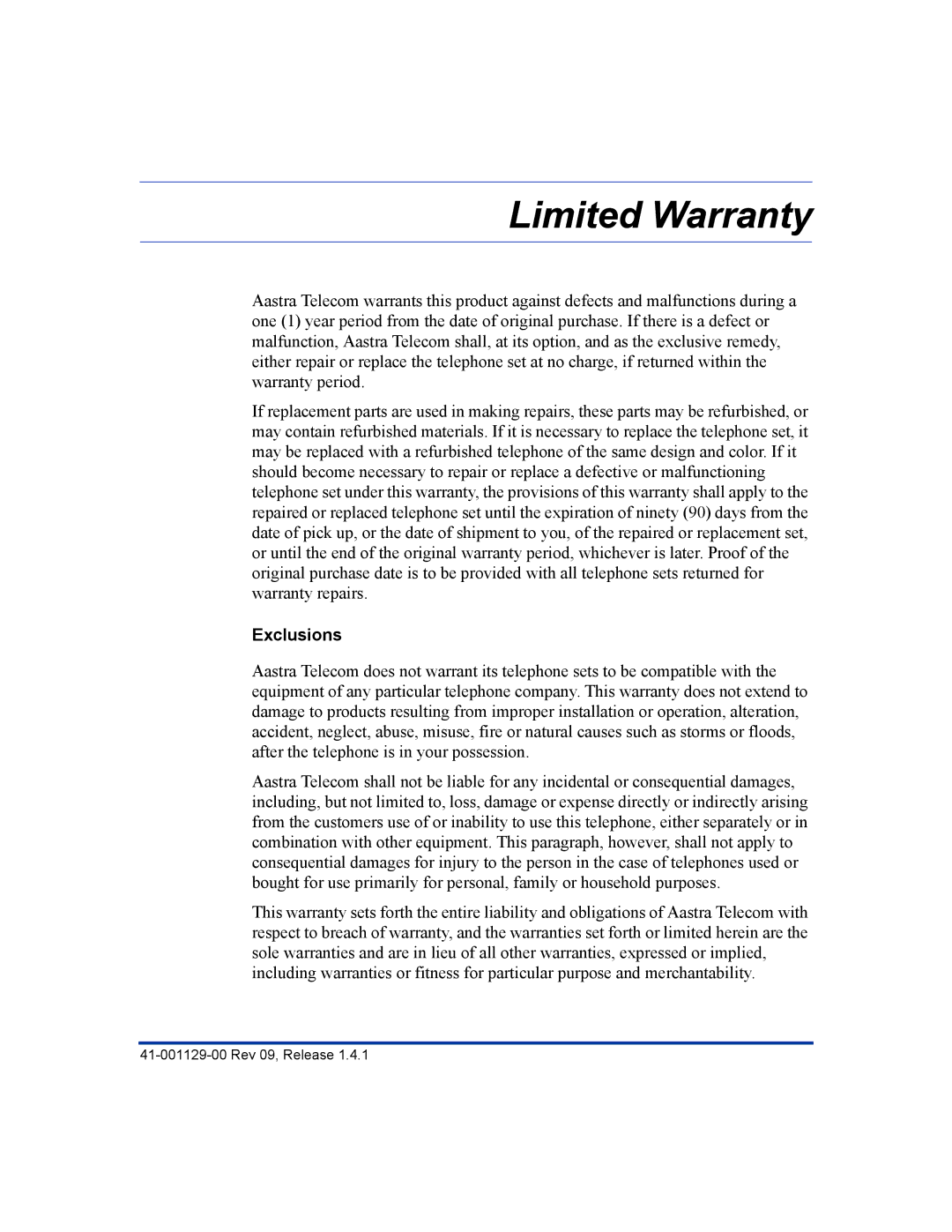 Aastra Telecom 480I CT manual Limited Warranty, Exclusions 