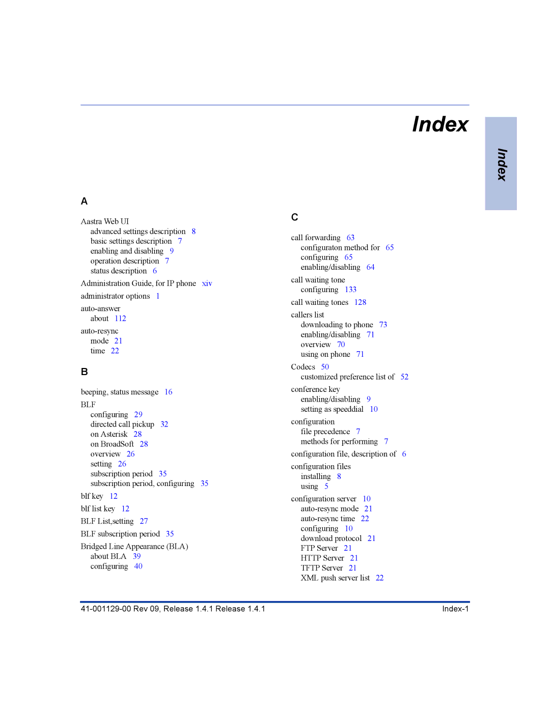 Aastra Telecom 480I CT manual Index 