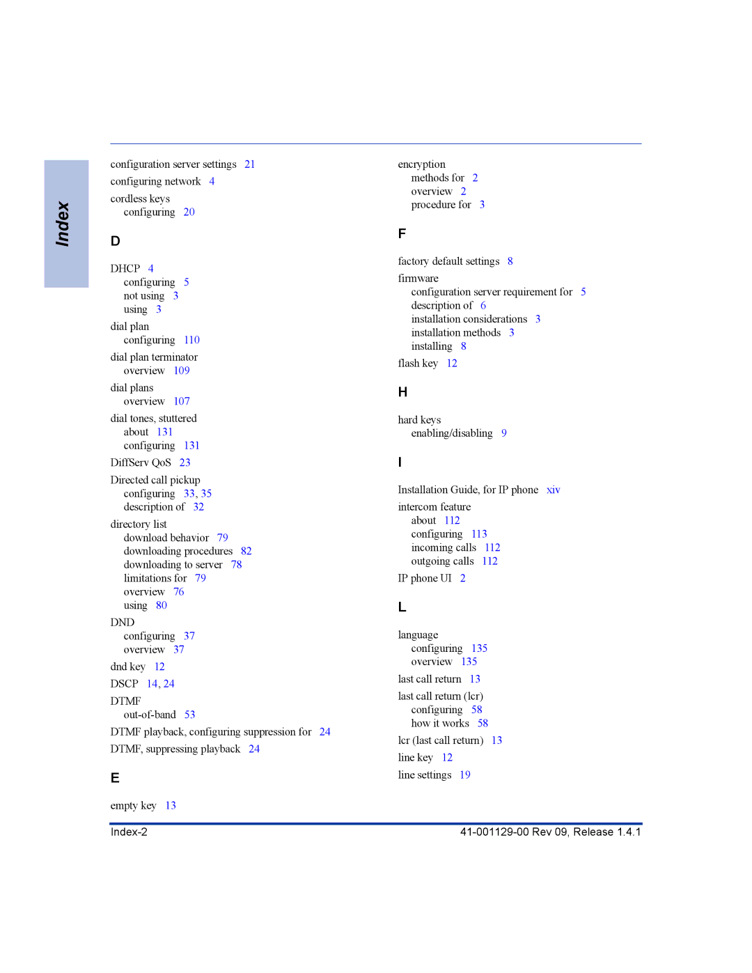 Aastra Telecom 480I CT manual Index-2 Rev 09, Release 