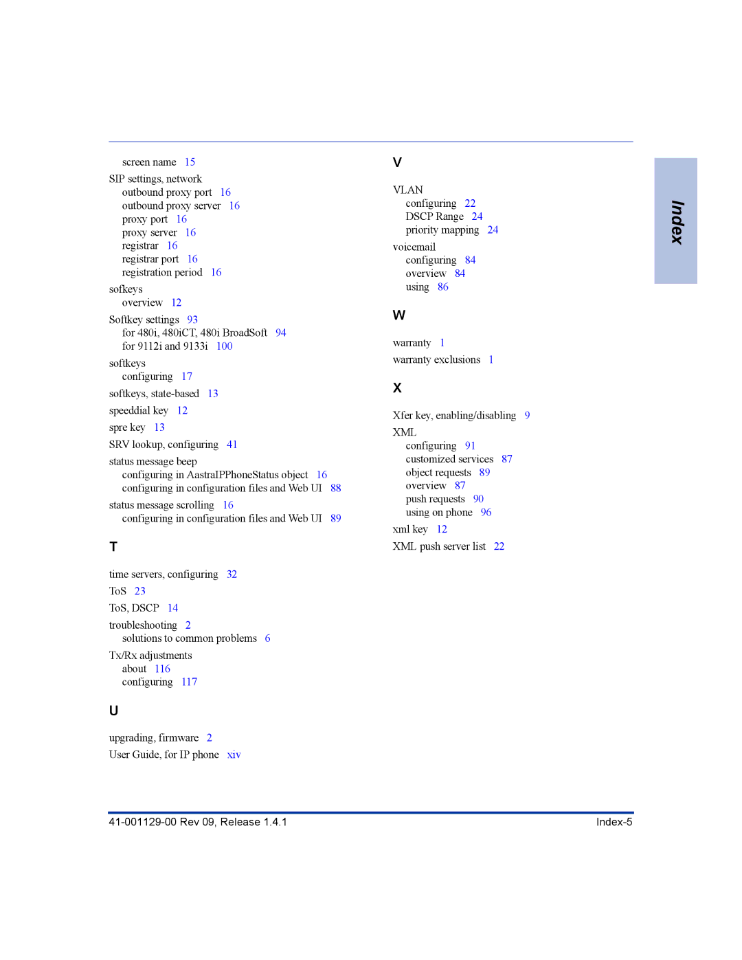 Aastra Telecom 480I CT manual Rev 09, Release Index-5 