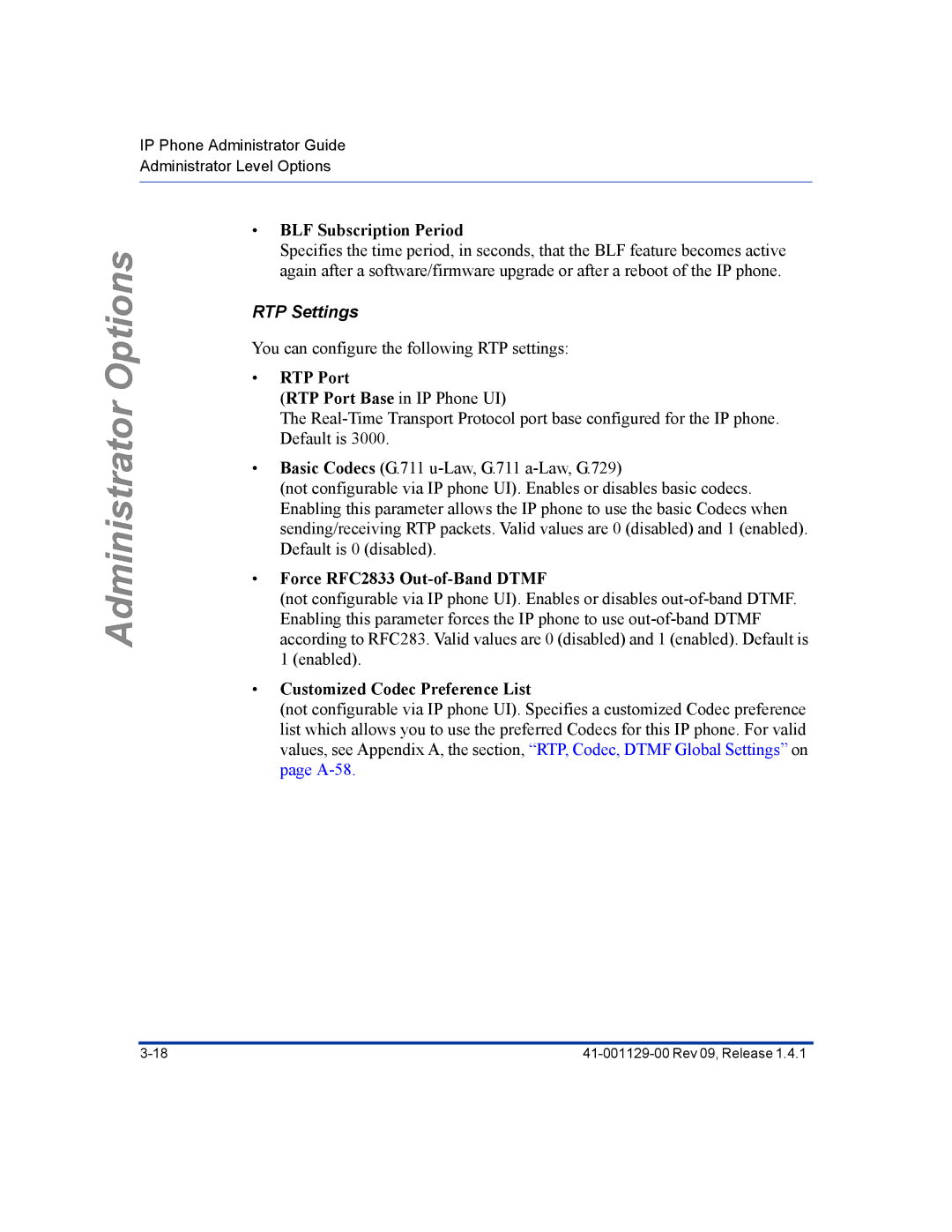 Aastra Telecom 480I CT manual BLF Subscription Period, RTP Settings, RTP Port, Force RFC2833 Out-of-Band Dtmf 