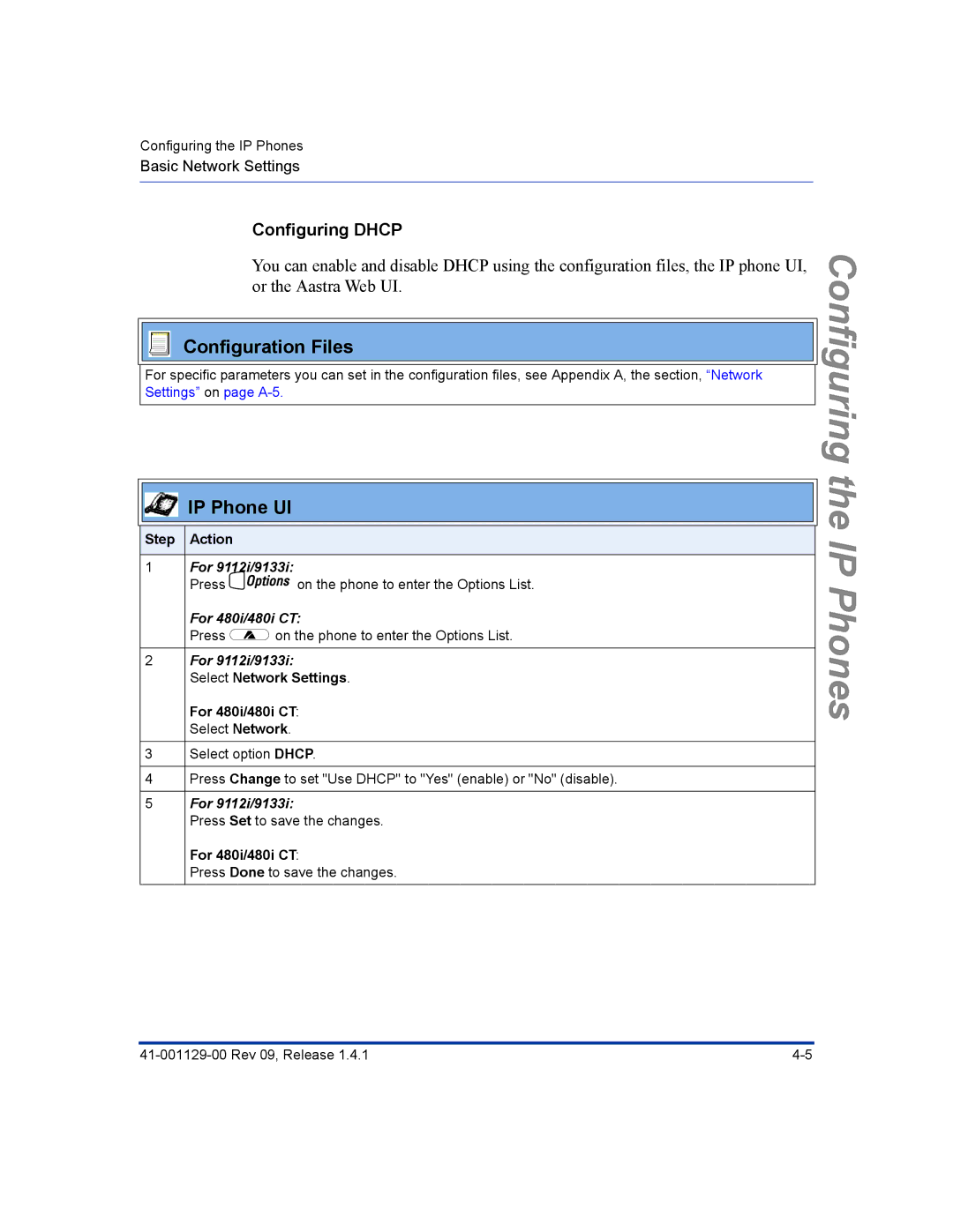 Aastra Telecom 480I CT manual Configuring Dhcp, For 9112i/9133i, For 480i/480i CT 