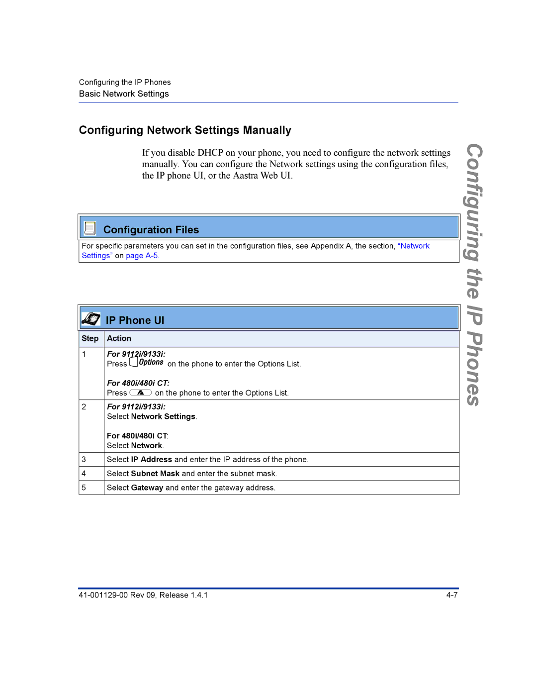 Aastra Telecom 480I CT manual Configuring Network Settings Manually 