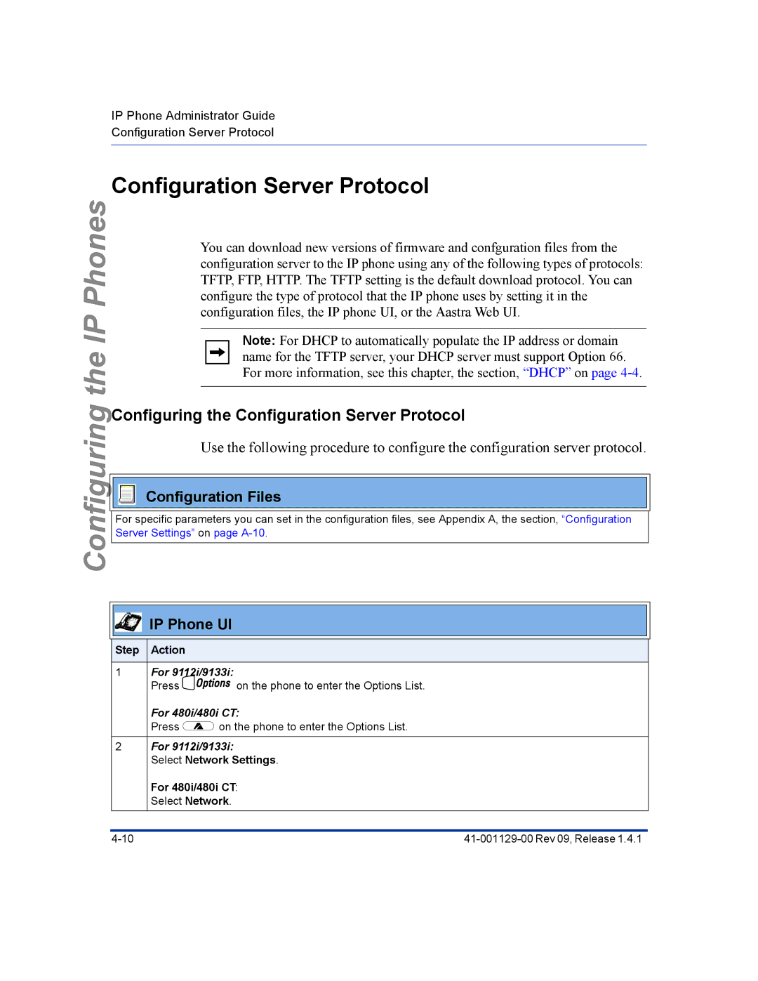 Aastra Telecom 480I CT manual Configuring the Configuration Server Protocol 