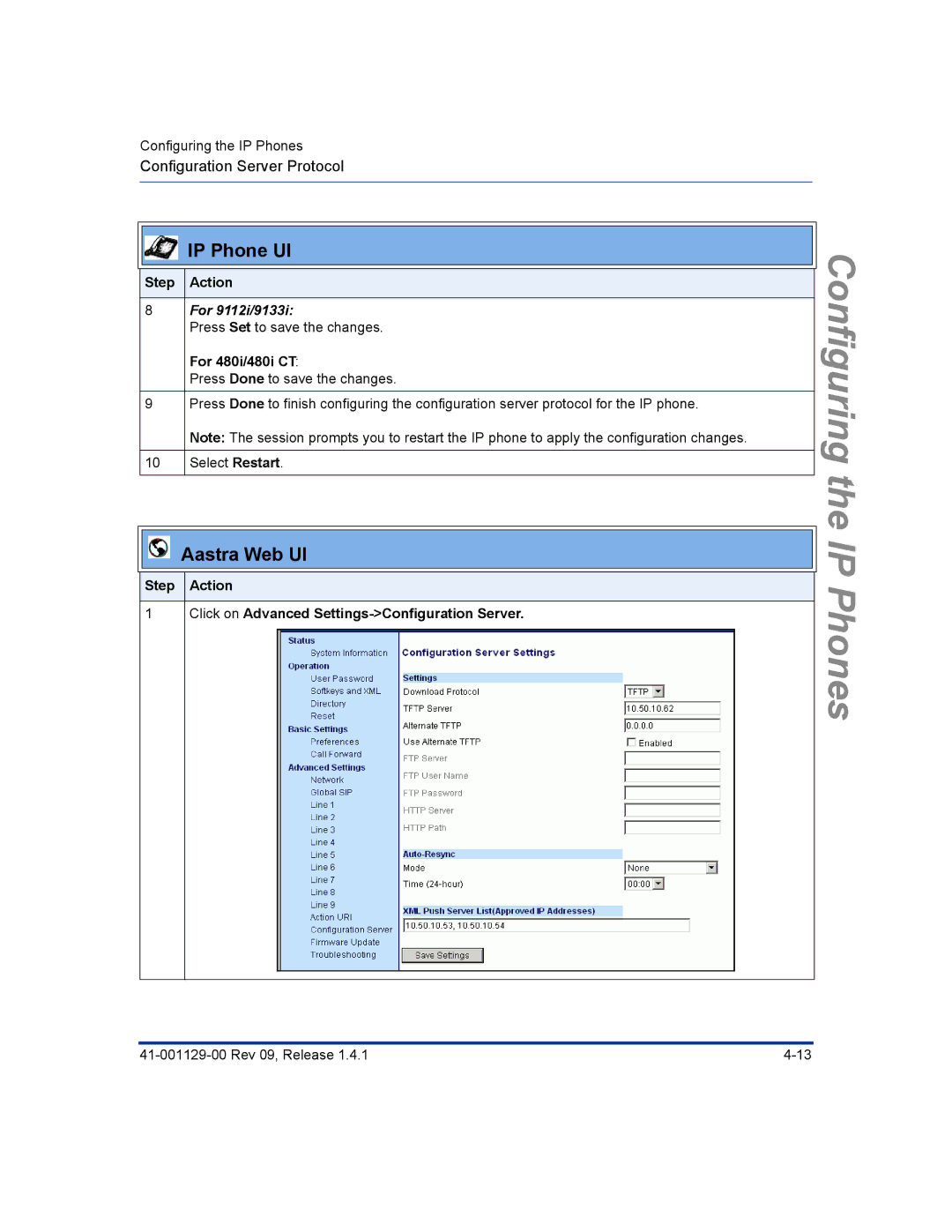 Aastra Telecom 480I CT manual Step Action Click on Advanced Settings-Configuration Server 