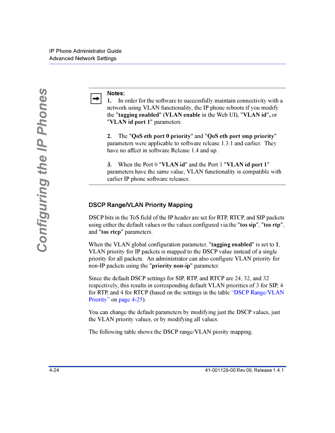 Aastra Telecom 480I CT manual Dscp Range/VLAN Priority Mapping 