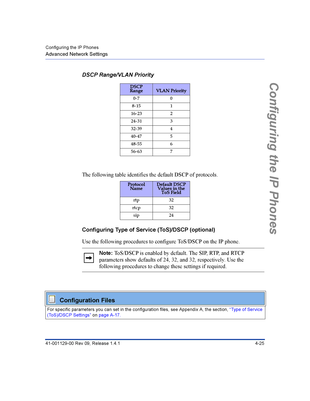 Aastra Telecom 480I CT manual Dscp Range/VLAN Priority, Configuring Type of Service ToS/DSCP optional 