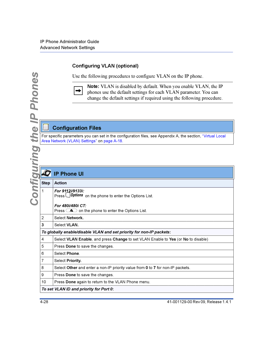 Aastra Telecom 480I CT Configuring Vlan optional, Select Network, Select Priority, To set Vlan ID and priority for Port 