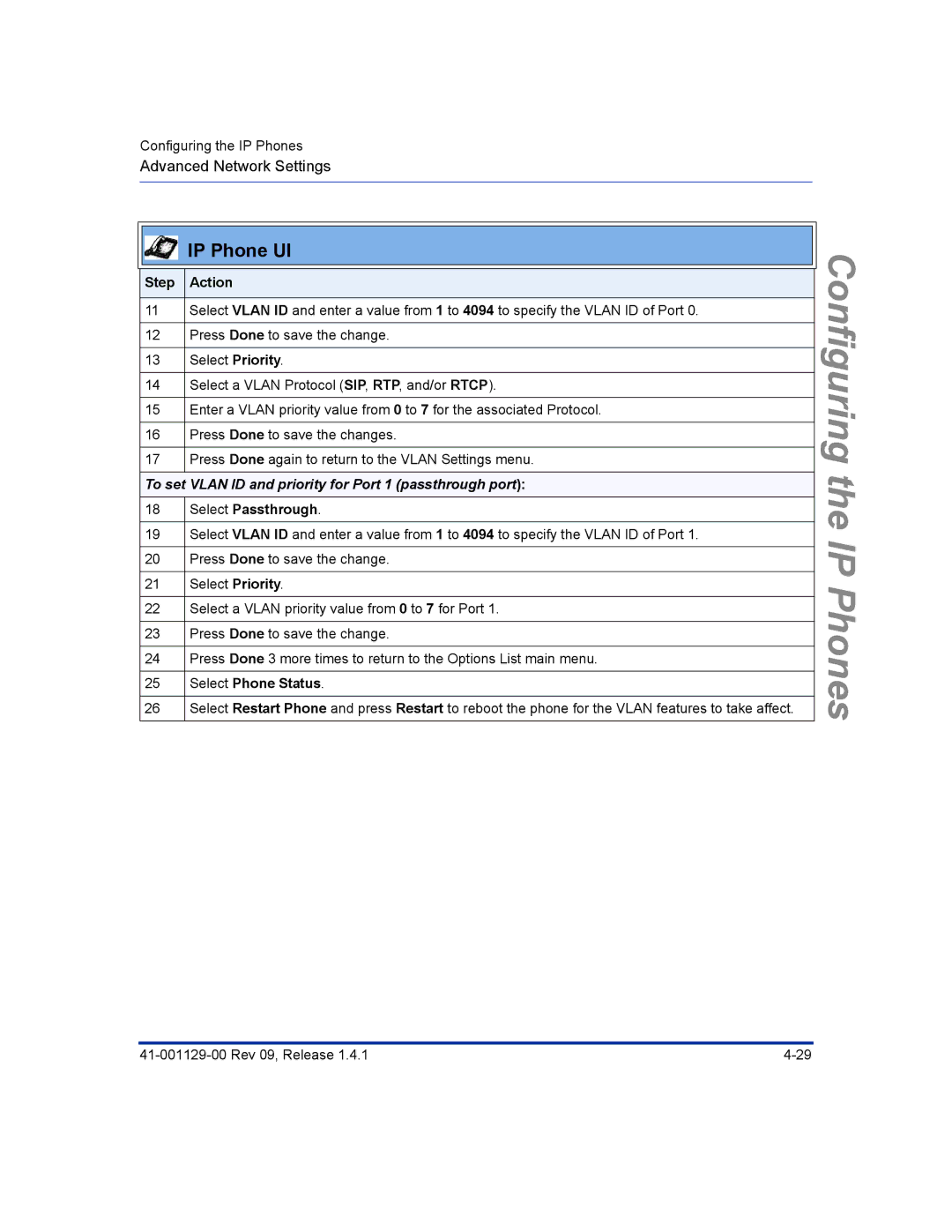 Aastra Telecom 480I CT manual To set Vlan ID and priority for Port 1 passthrough port, Select Passthrough 