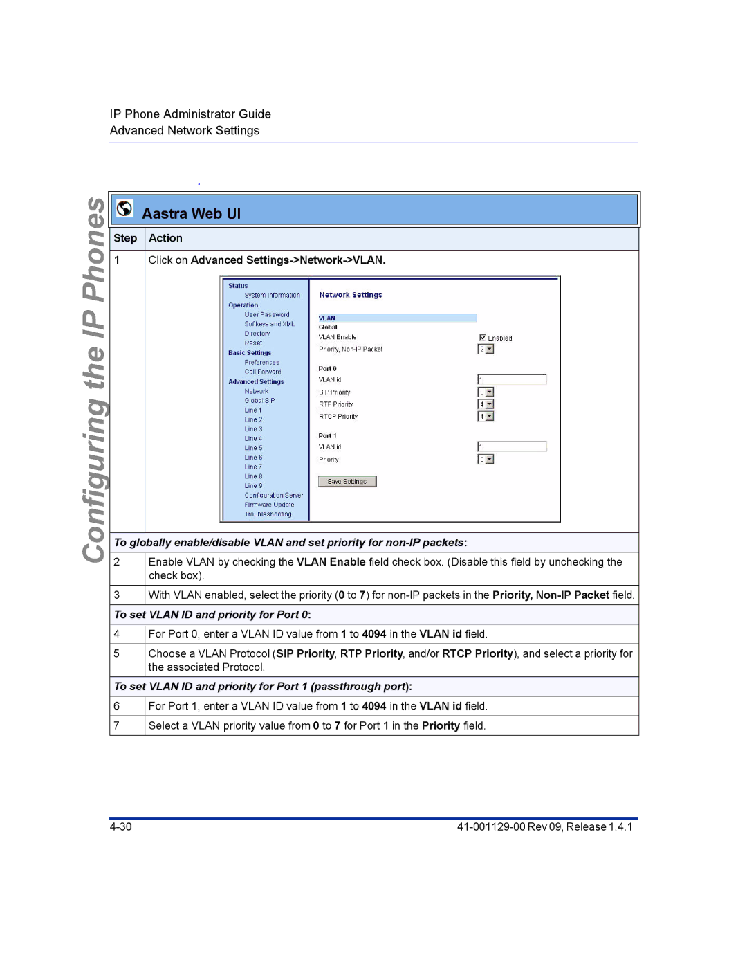 Aastra Telecom 480I CT manual Step Action Click on Advanced Settings-Network-VLAN 