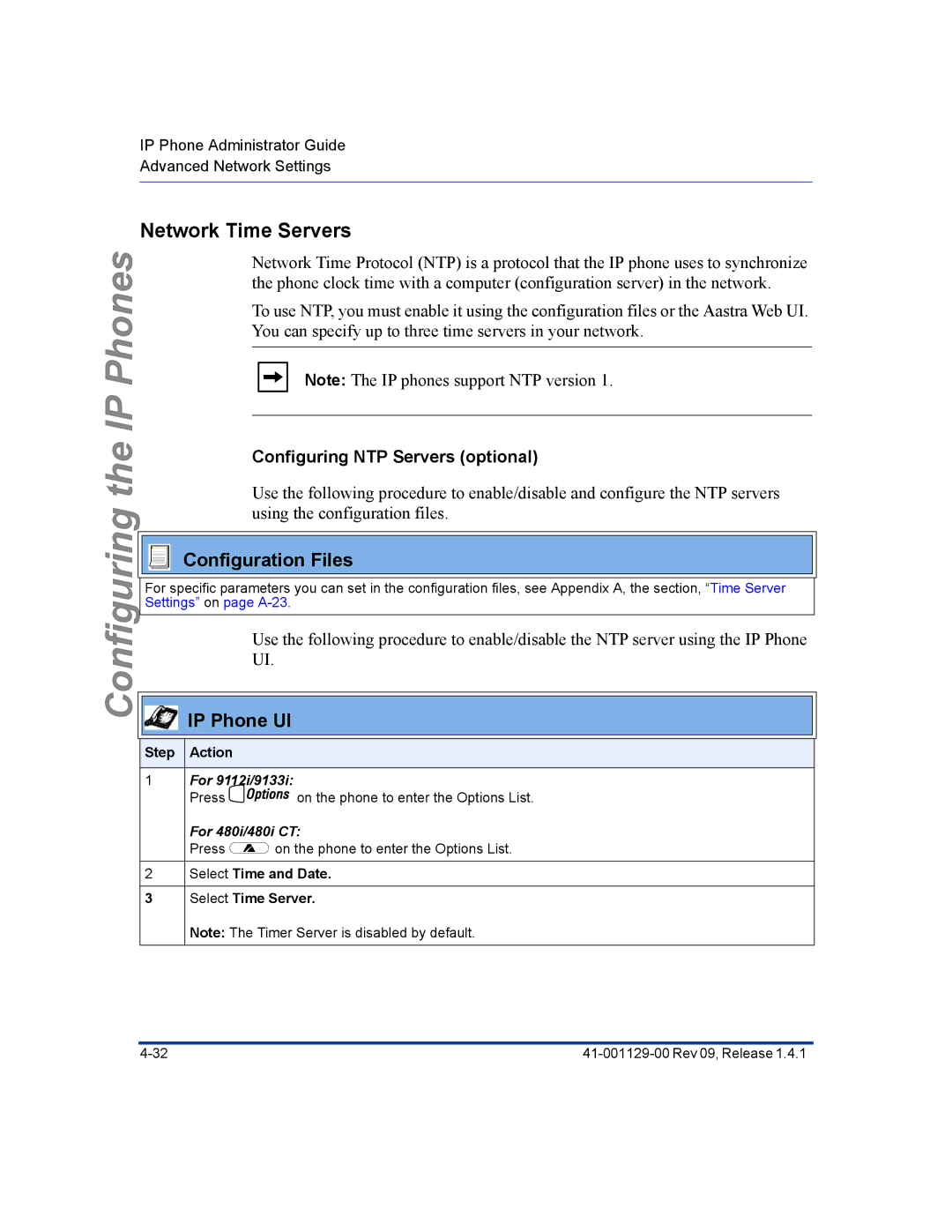 Aastra Telecom 480I CT Network Time Servers, Configuring NTP Servers optional, Select Time and Date Select Time Server 