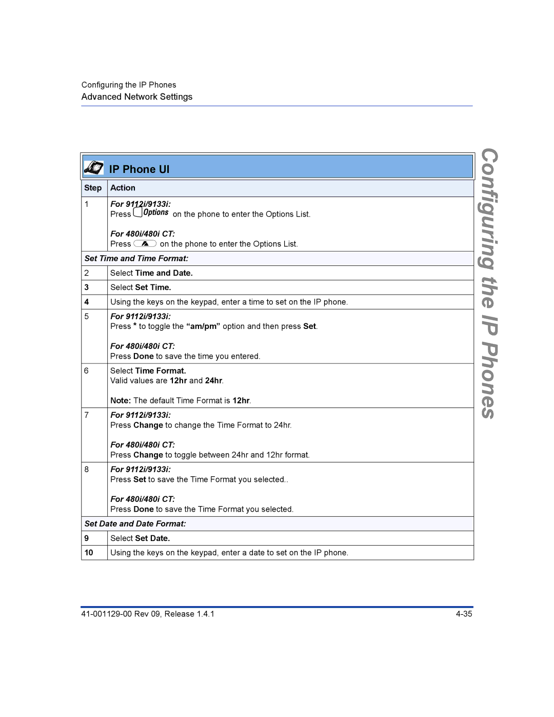 Aastra Telecom 480I Set Time and Time Format, Select Time and Date Select Set Time, Select Time Format, Select Set Date 