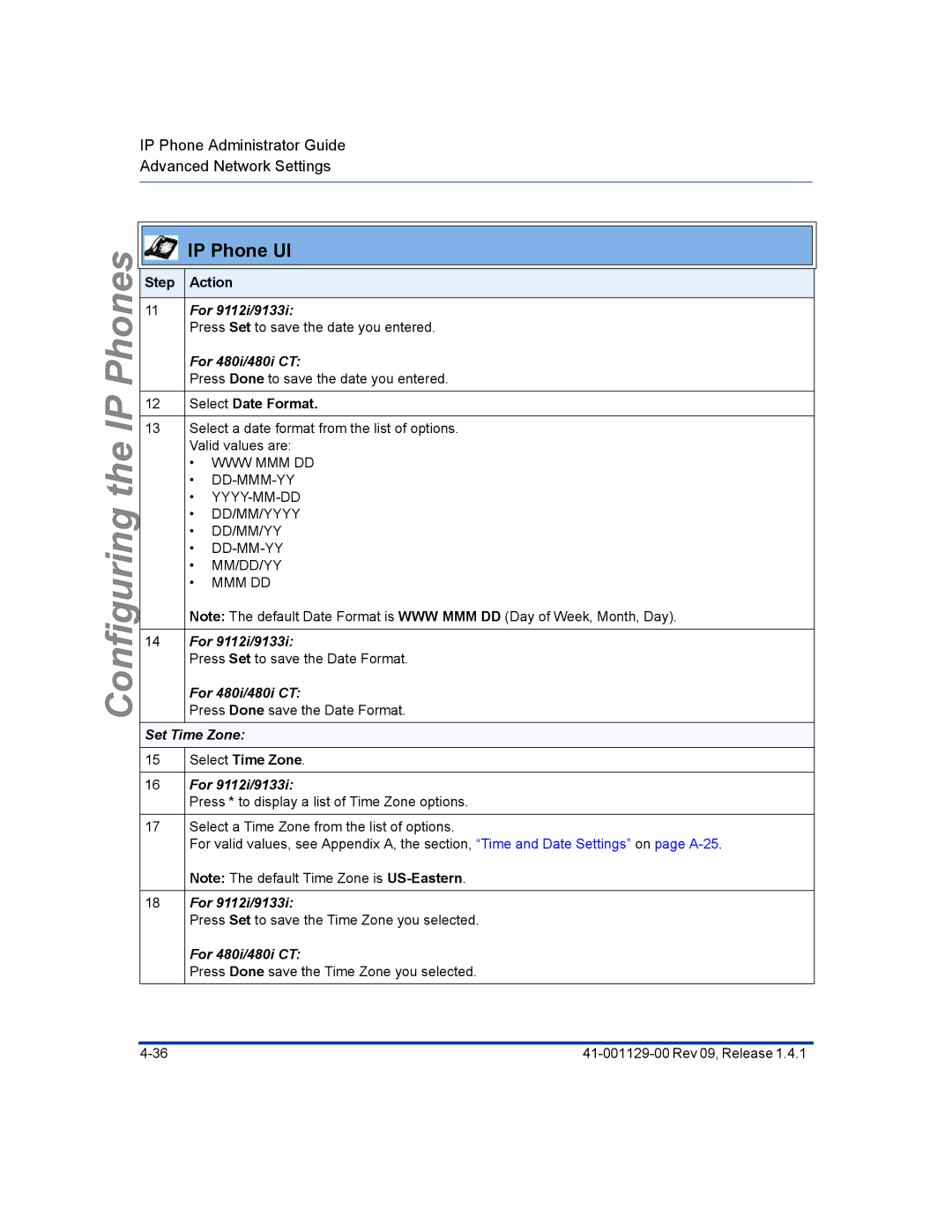 Aastra Telecom 480I CT manual Select Date Format, Set Time Zone, Select Time Zone 