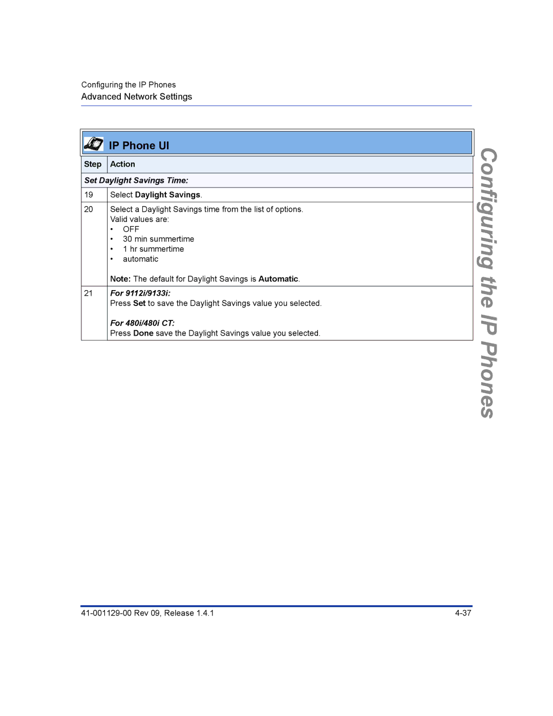 Aastra Telecom 480I CT manual Set Daylight Savings Time, Select Daylight Savings 