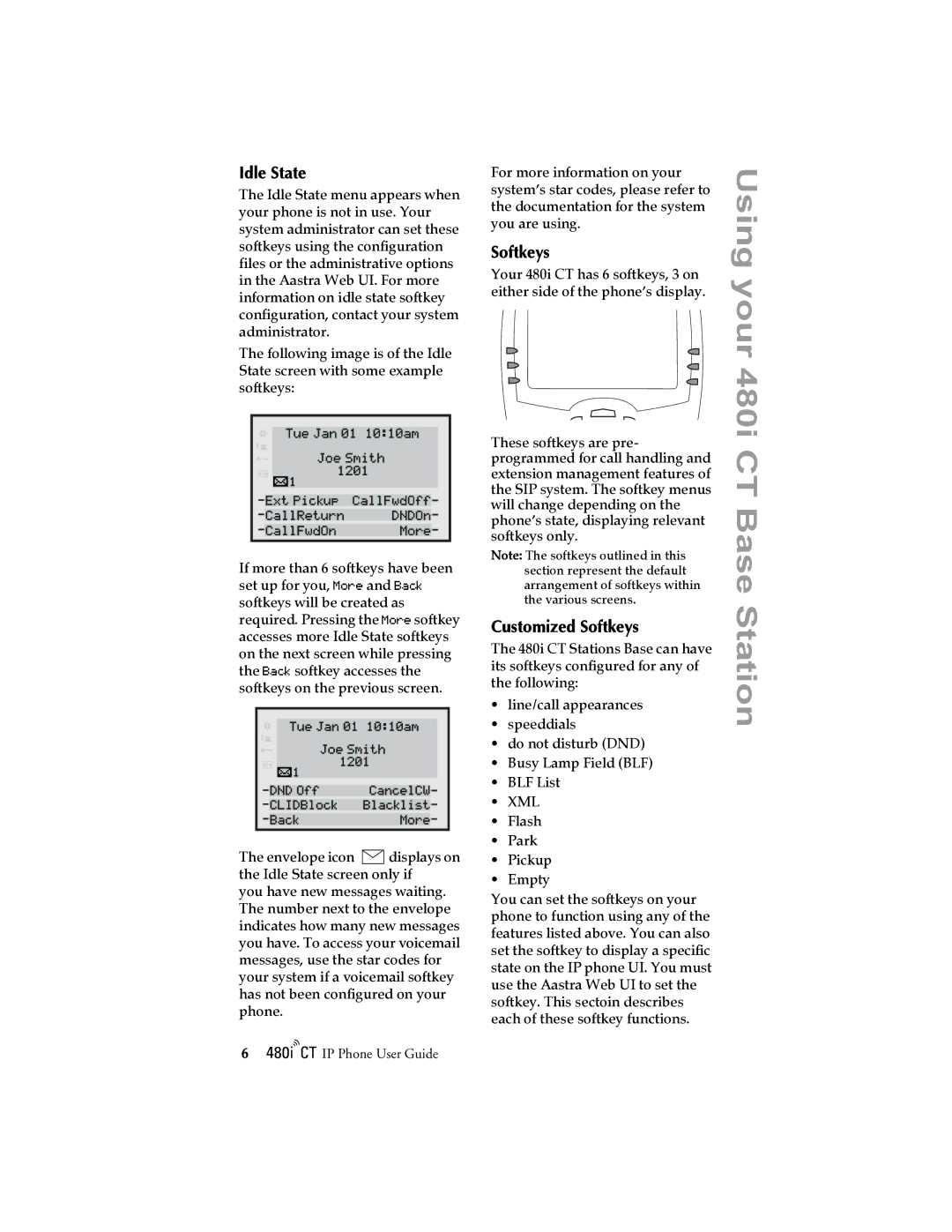 Aastra Telecom 480I CT manual Idle State, Customized Softkeys 