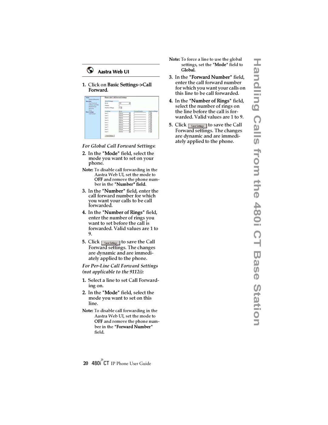 Aastra Telecom 480I CT manual For Global Call Forward Settings 