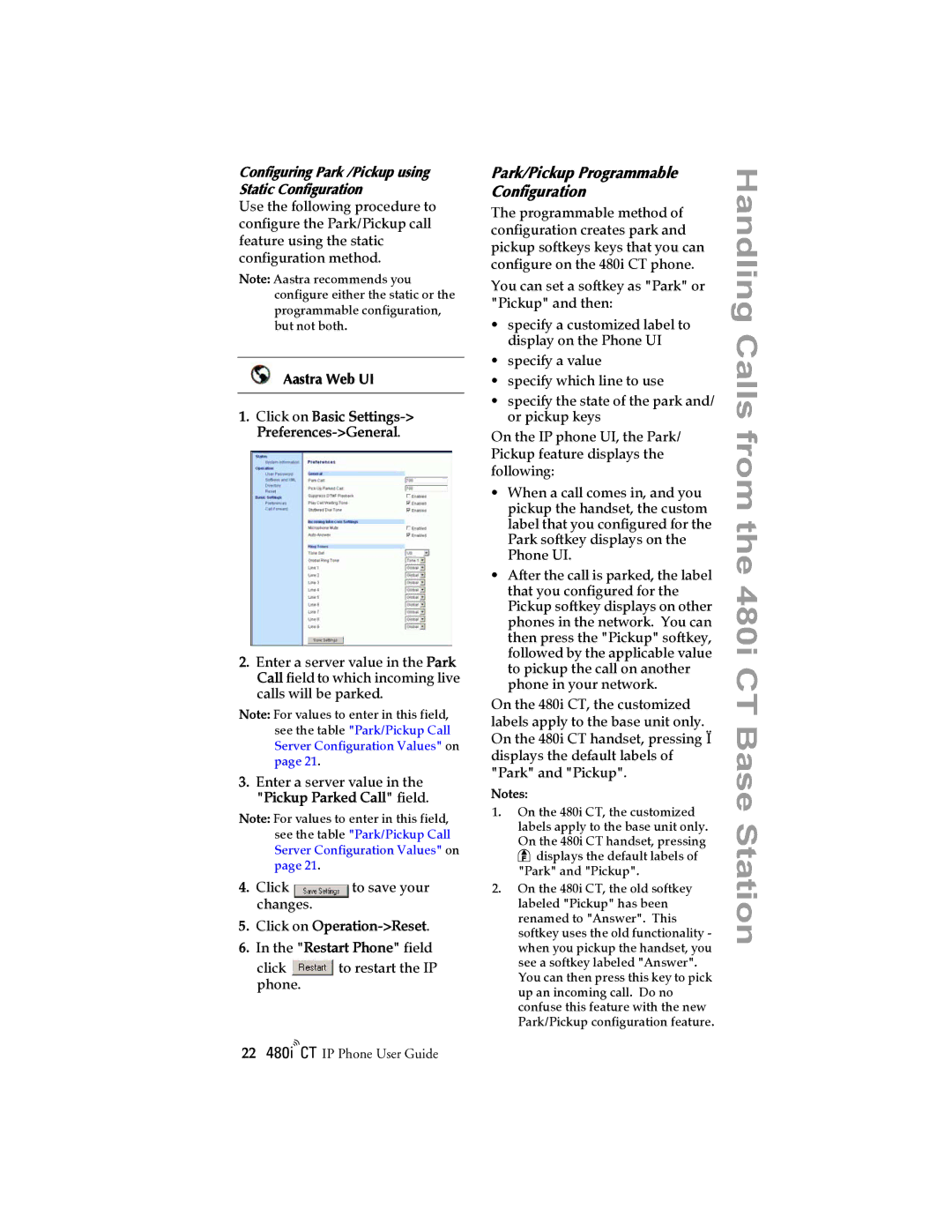 Aastra Telecom 480I CT manual Configuring Park /Pickup using Static Configuration, Park/Pickup Programmable Configuration 