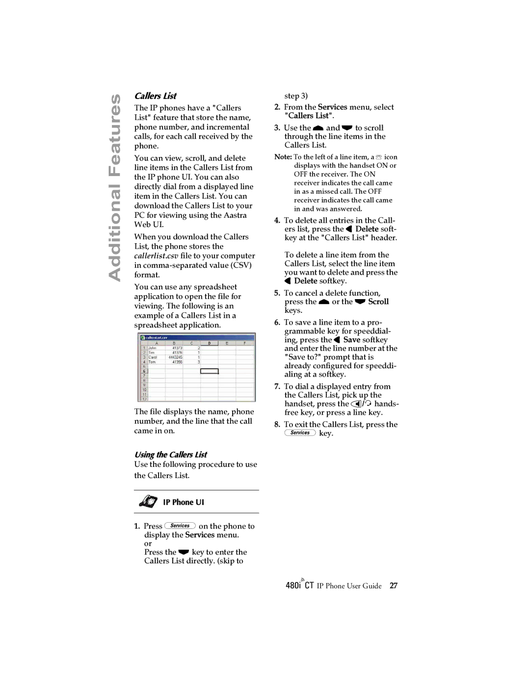 Aastra Telecom 480I CT manual Using the Callers List 