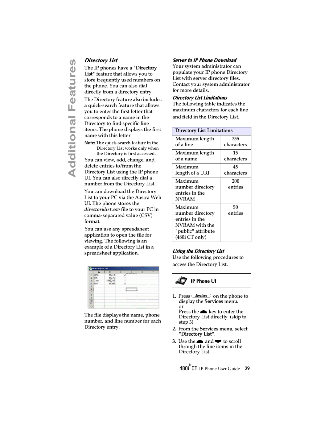 Aastra Telecom 480I CT manual Server to IP Phone Download, Directory List Limitations, Using the Directory List 