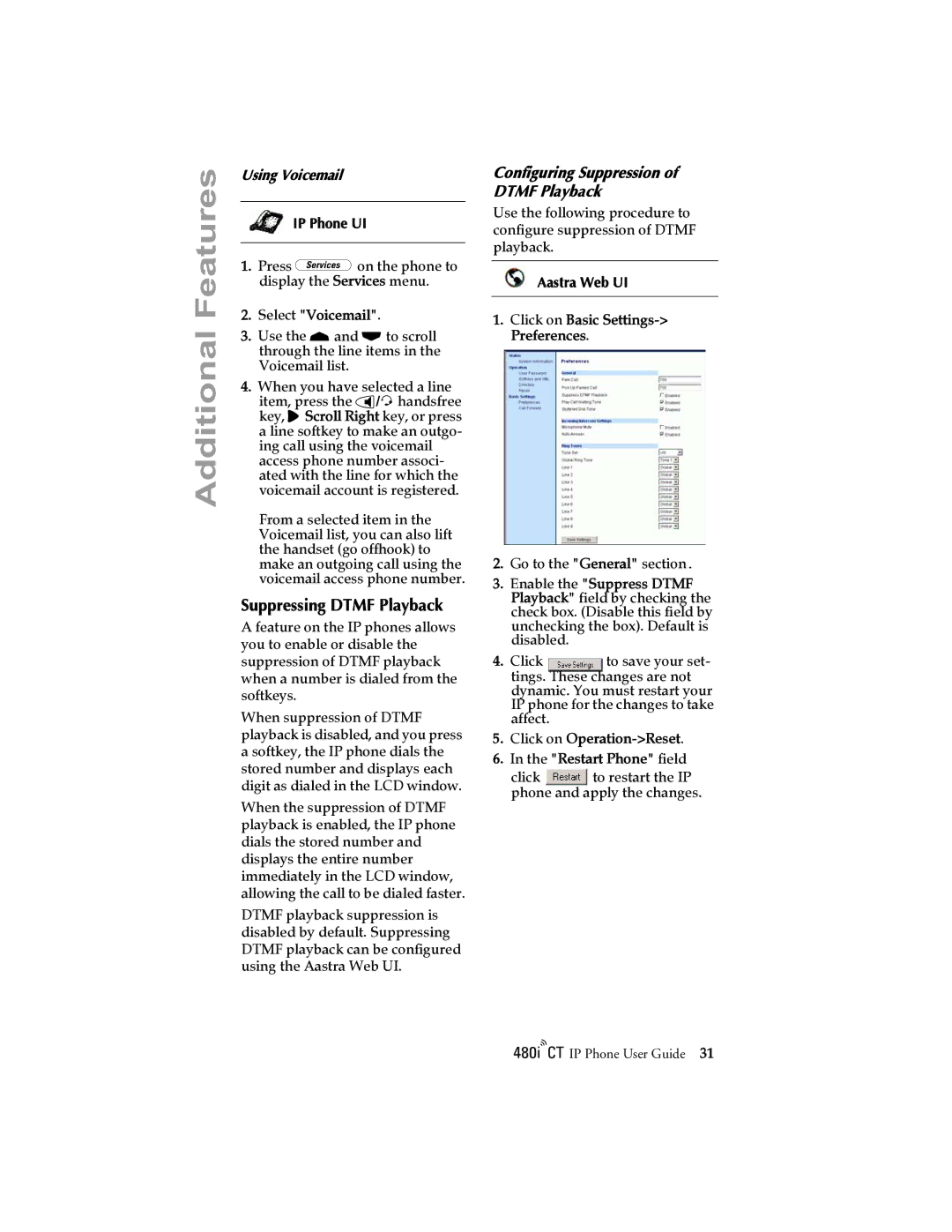 Aastra Telecom 480I CT manual Suppressing Dtmf Playback, Configuring Suppression of Dtmf Playback, Using Voicemail 