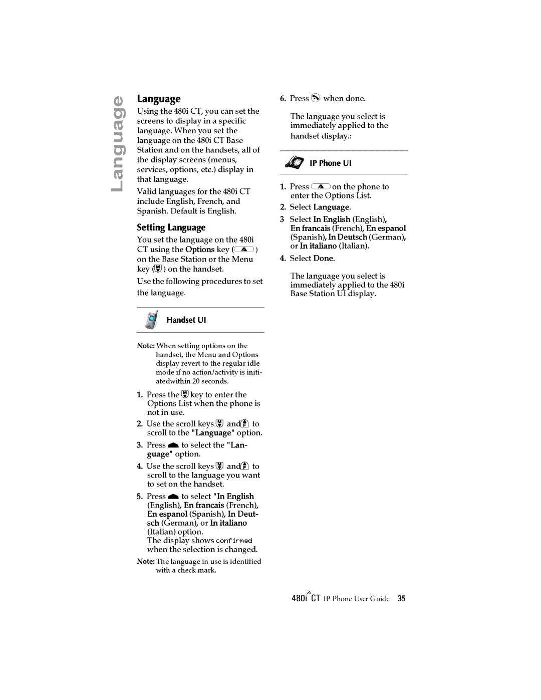 Aastra Telecom 480I CT manual Setting Language 