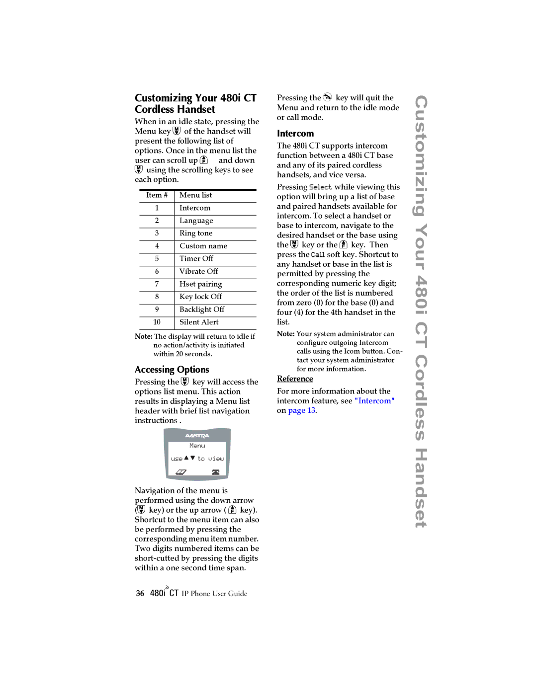Aastra Telecom 480I CT manual Customizing Your 480i CT Cordless Handset, Accessing Options 