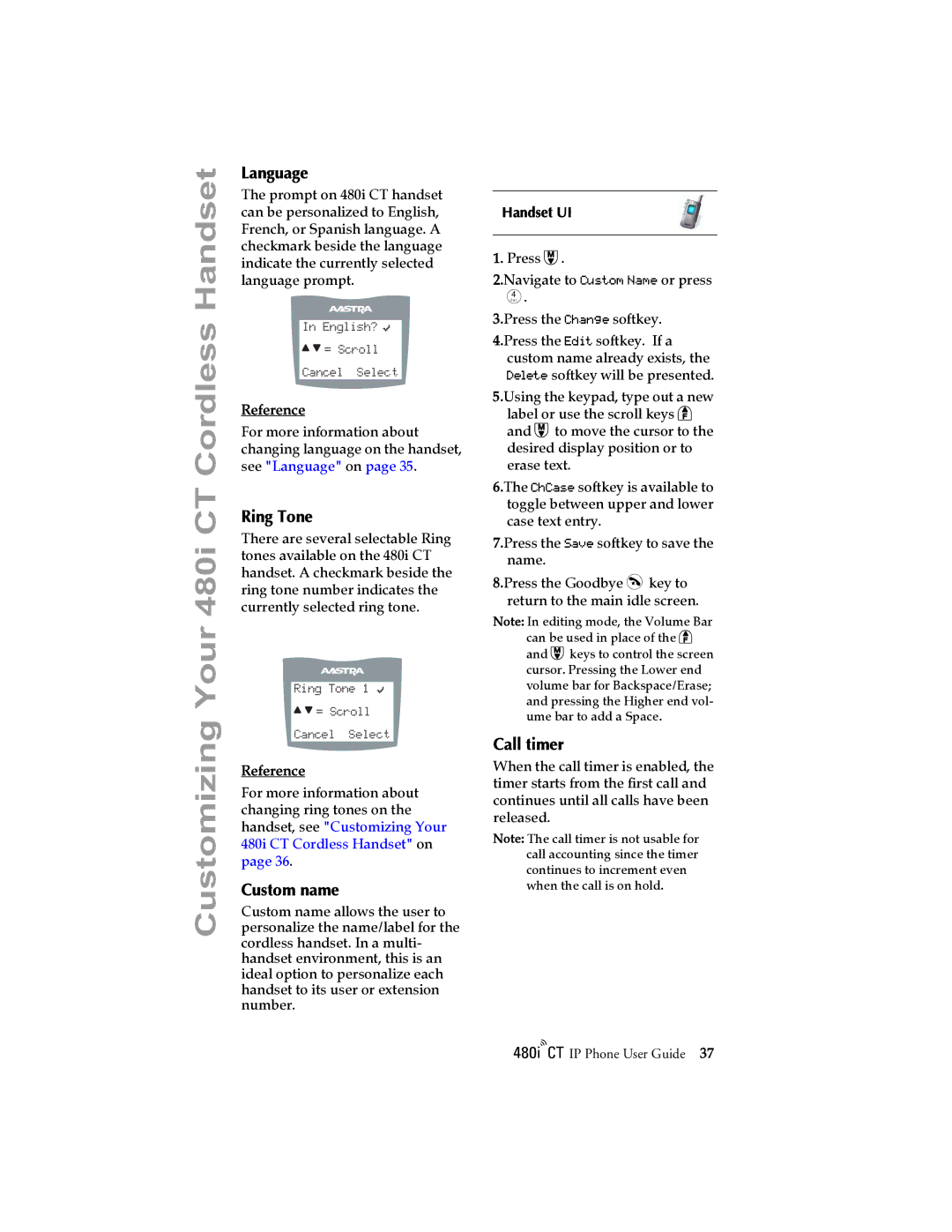 Aastra Telecom 480I CT manual Language, Ring Tone, Custom name, Call timer 