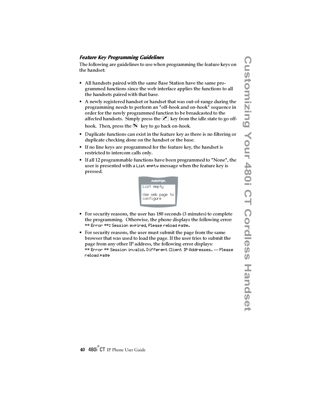 Aastra Telecom 480I CT manual Feature Key Programming Guidelines, List empty Use web page to configure 