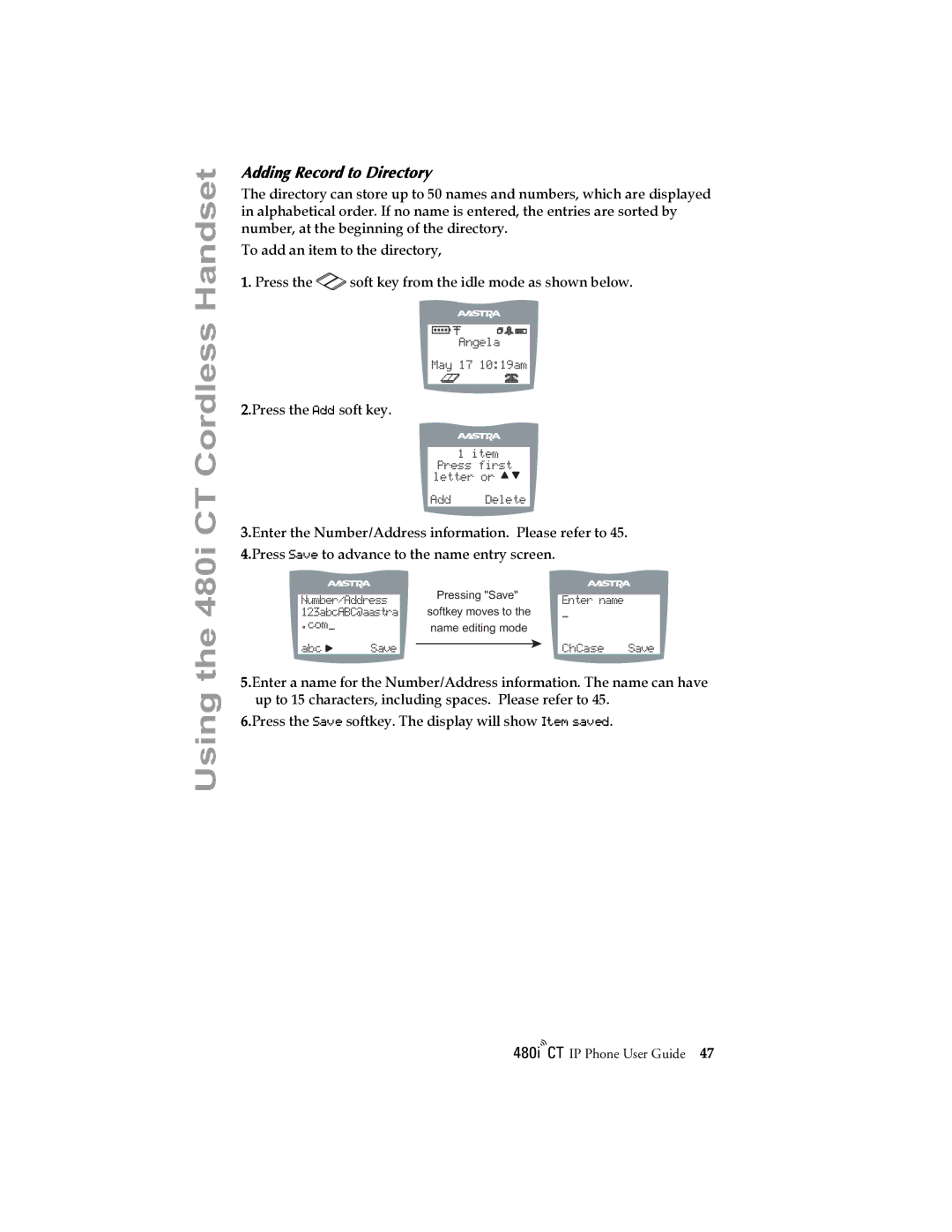 Aastra Telecom 480I CT manual Adding Record to Directory 