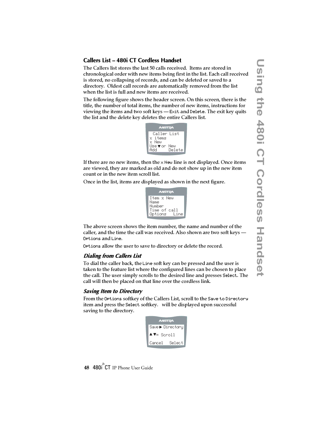 Aastra Telecom 480I CT manual Callers List 480i CT Cordless Handset, Dialing from Callers List, Saving Item to Directory 