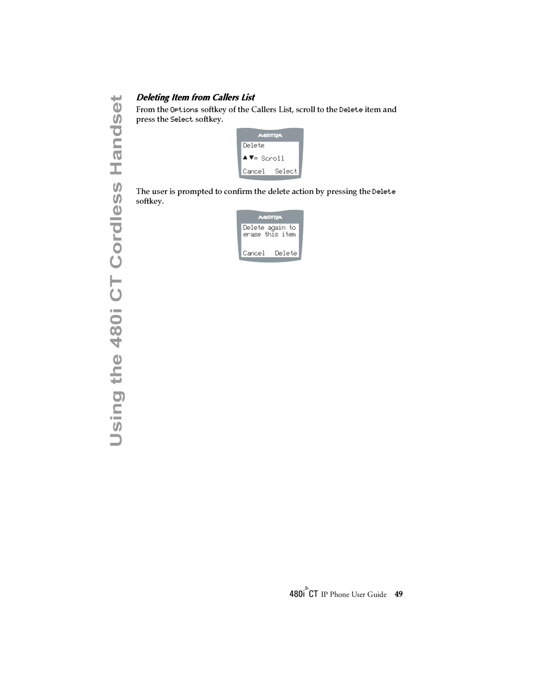 Aastra Telecom 480I CT manual Deleting Item from Callers List 