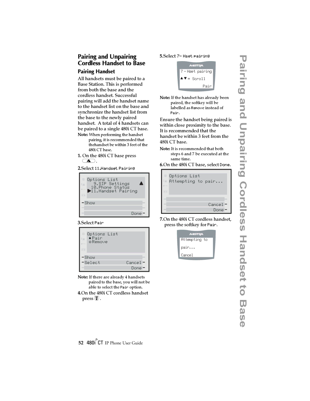 Aastra Telecom 480I CT manual Pairing and Unpairing Cordless Handset to Base, Pairing Handset 