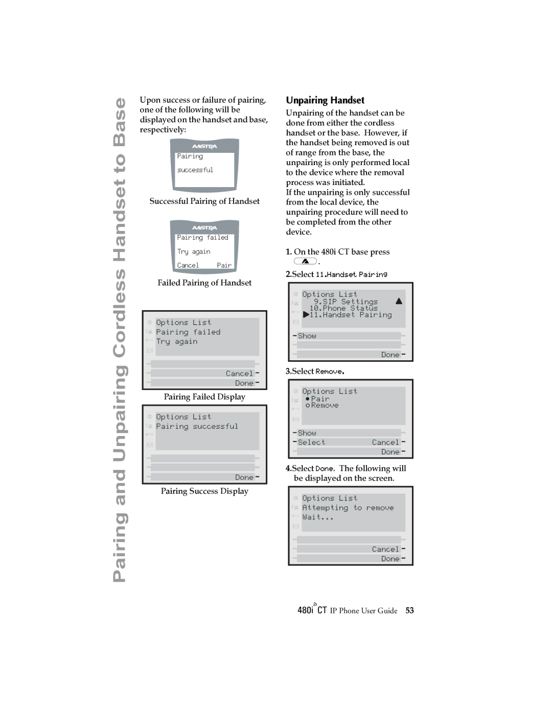 Aastra Telecom 480I CT manual Unpairing Handset 