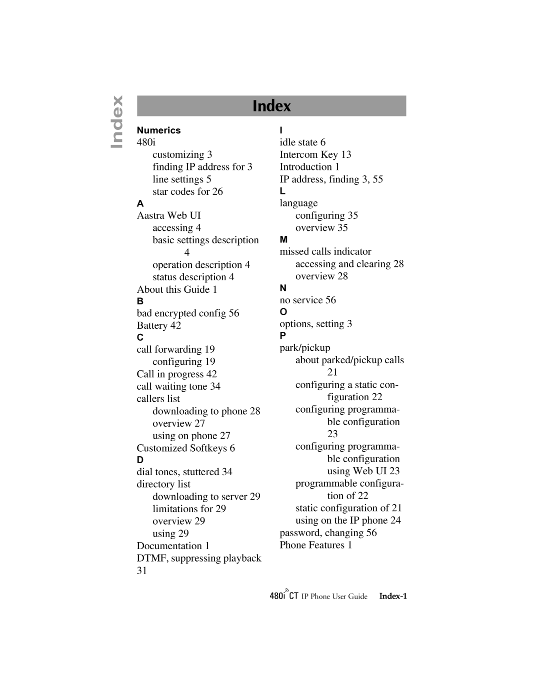 Aastra Telecom 480I CT manual Index 