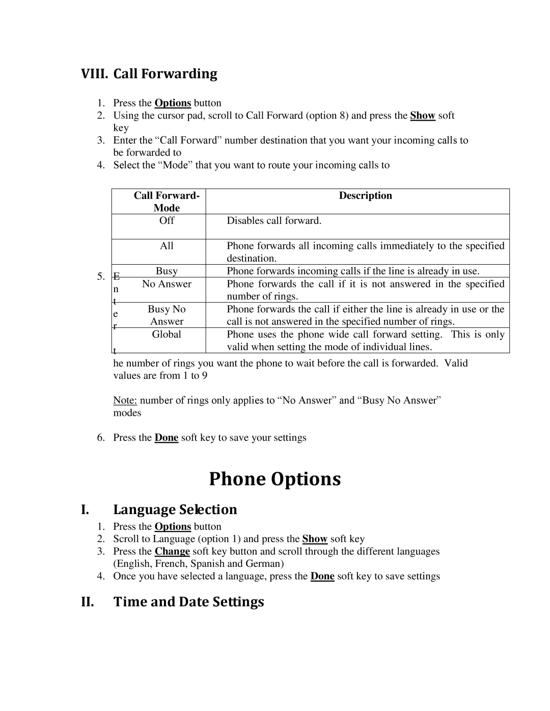 Aastra Telecom 480I manual Phone Options, VIII. Call Forwarding, Language Selection, II. Time and Date Settings 