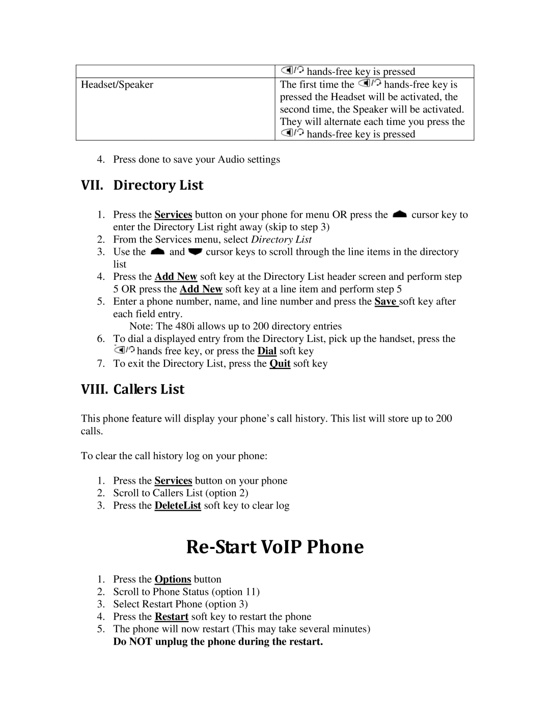 Aastra Telecom 480I manual Re-Start VoIP Phone, VII. Directory List, VIII. Callers List 