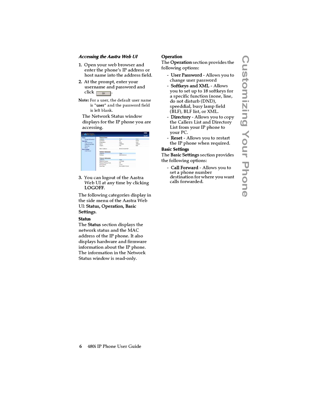 Aastra Telecom 480I manual Accessing the Aastra Web UI, Status, Operation 