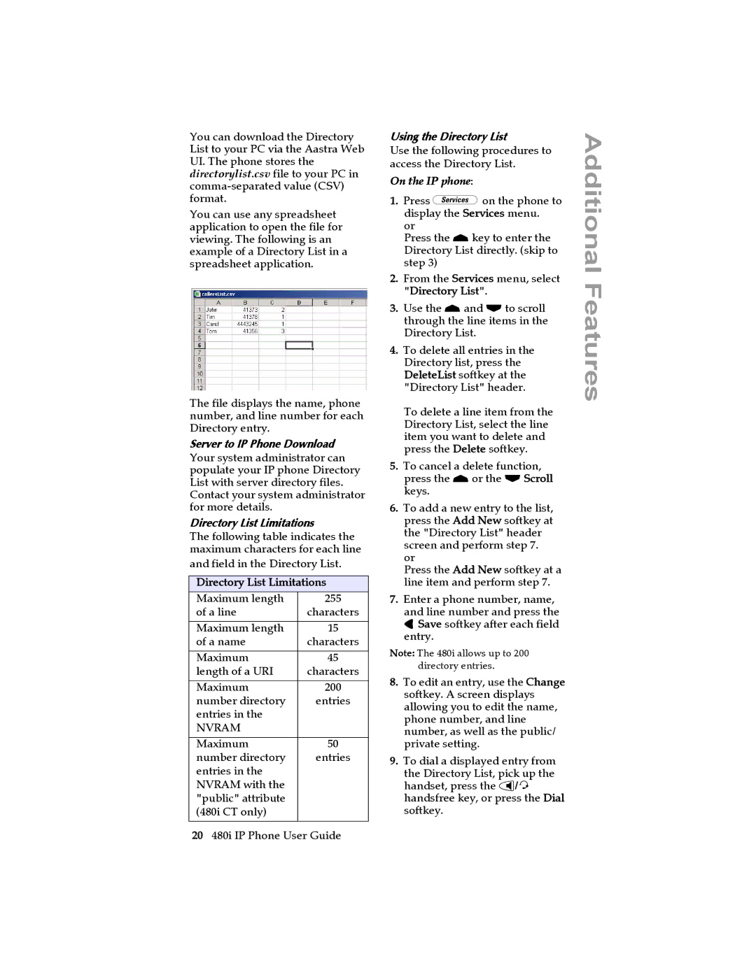 Aastra Telecom 480I Server to IP Phone Download, Directory List Limitations, Using the Directory List, On the IP phone 