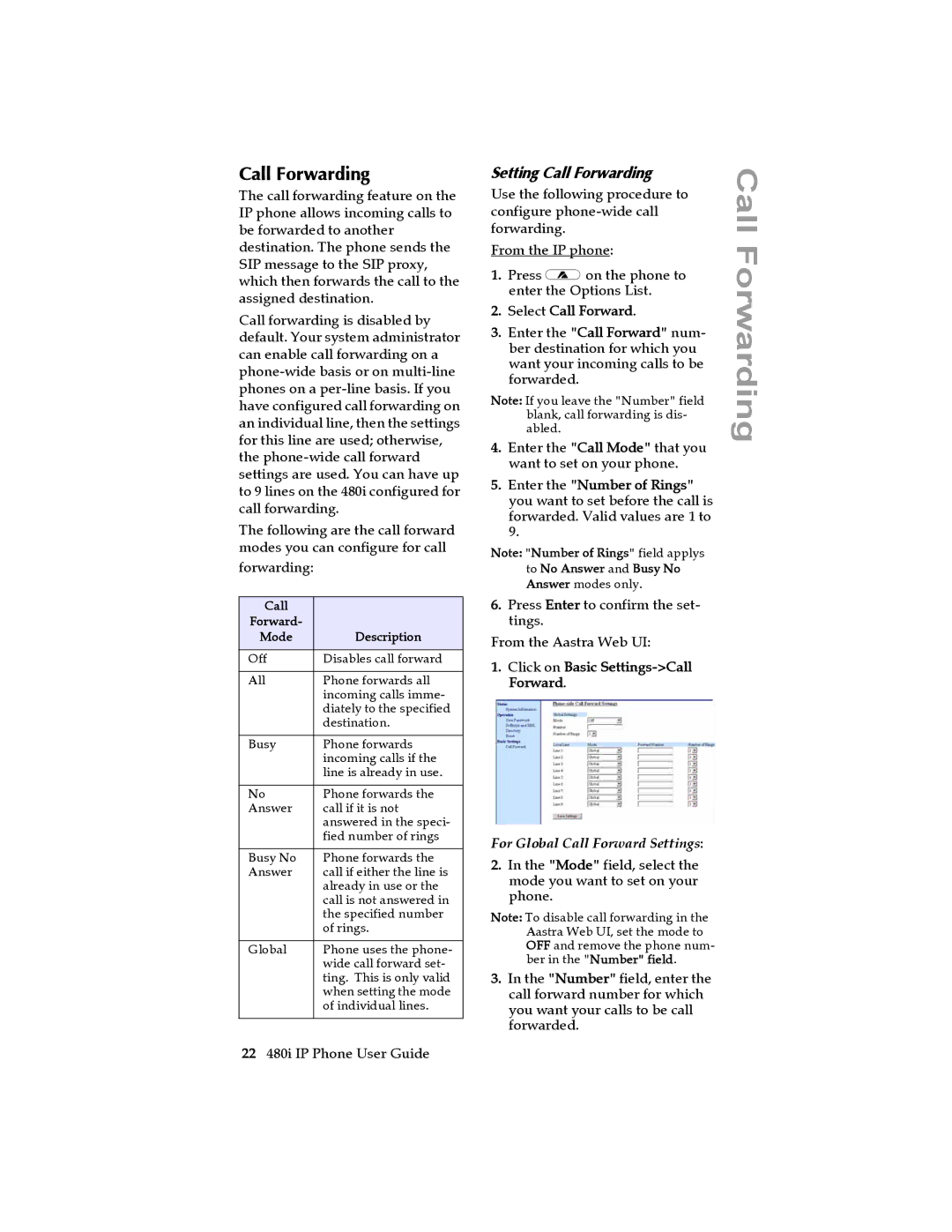 Aastra Telecom 480I manual Setting Call Forwarding, Select Call Forward, For Global Call Forward Settings 