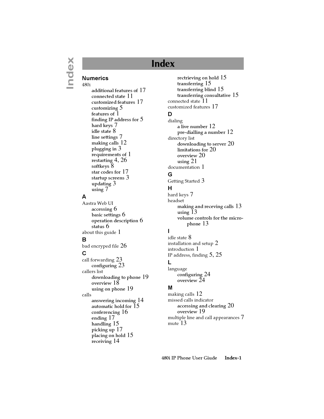 Aastra Telecom 480I manual Index 