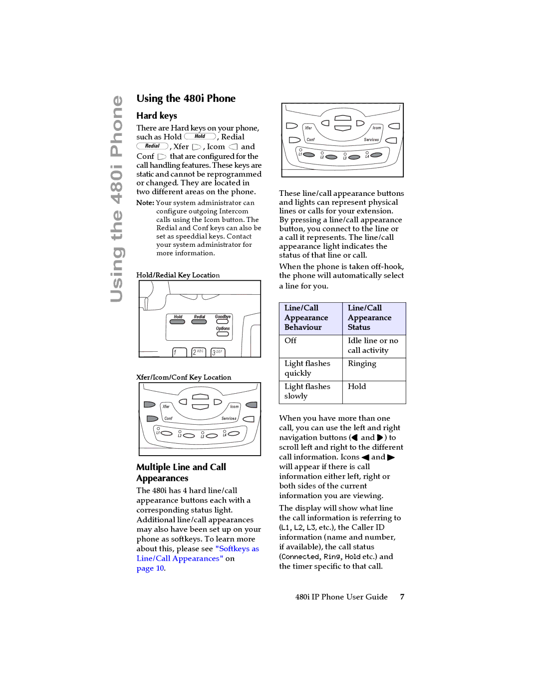 Aastra Telecom 480I manual Using the 480i Phone, Hard keys, Multiple Line and Call Appearances 