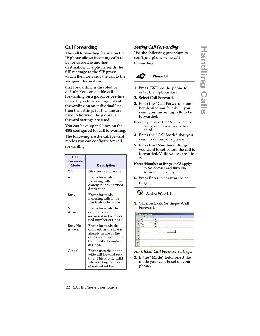 Aastra Telecom 480I manual Setting Call Forwarding, Select Call Forward, For Global Call Forward Settings 