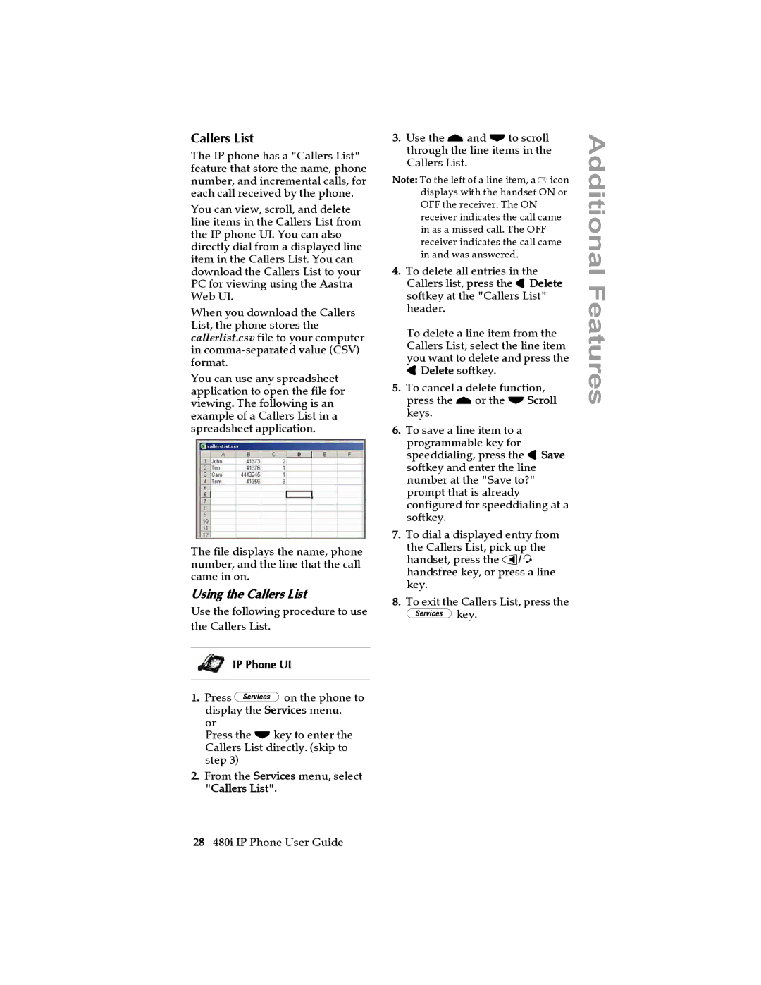 Aastra Telecom 480I manual Using the Callers List 