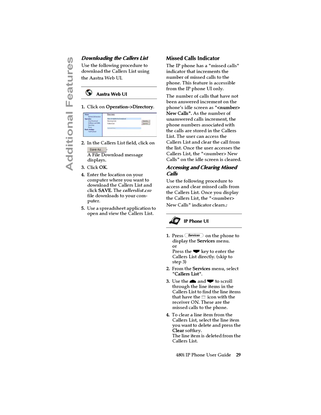 Aastra Telecom 480I manual Missed Calls Indicator, Downloading the Callers List, Accessing and Clearing Missed Calls 
