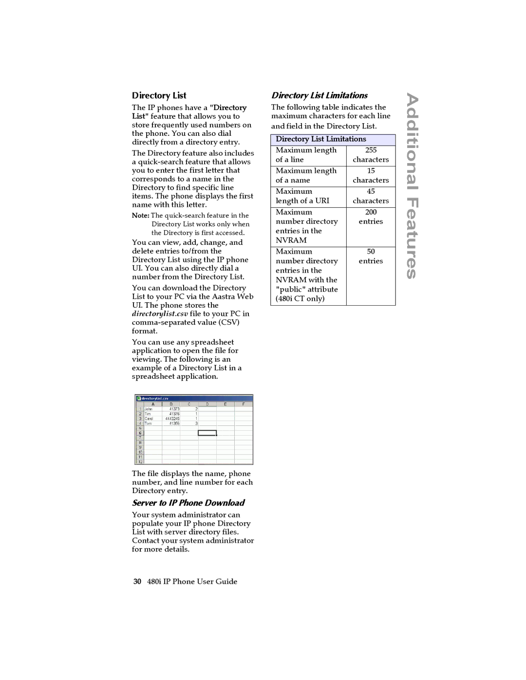 Aastra Telecom 480I manual Server to IP Phone Download, Directory List Limitations 